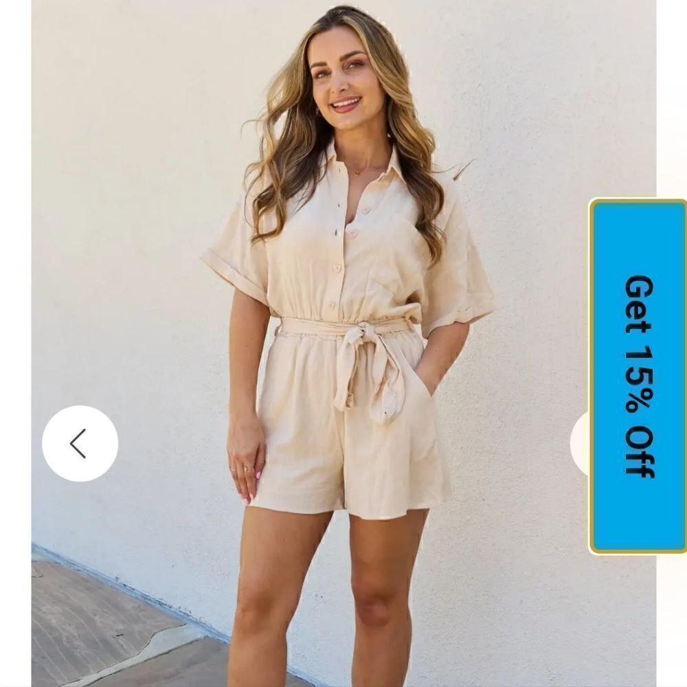 💥3/$55💥Collared Spring Summer Button Down Shirt Belts Romper in Cream